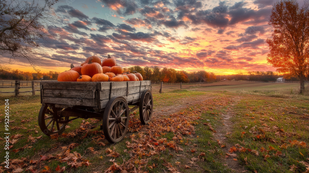 Fototapeta premium Pumpkin-Filled Wagon in Rustic Farm Setting, Halloween Twilight 