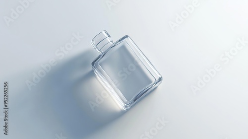 A transparent glass bottle with a minimalist design, placed on a light surface.