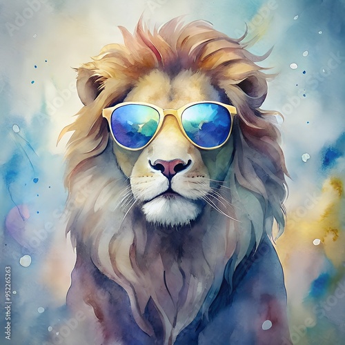 A lion wearing sunglasses, watercolor, t-shirt print