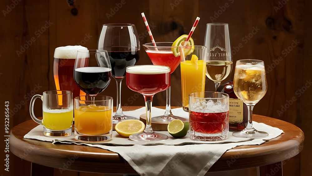 Several glasses of different drinks on bright background Several glasses of different drinks on bright background