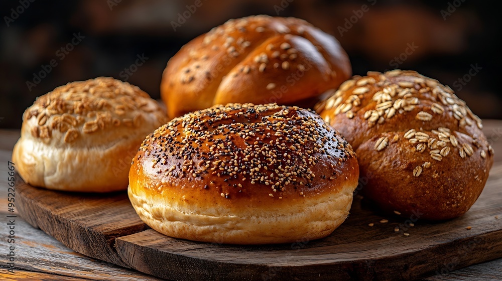 Assortment of different kind of cereal bakery bread pasties buns with healthy seeds on wooden background : Generative AI Assortment of different kind of cereal bakery bread pasties buns with healthy seeds on wooden background : Generative AI
