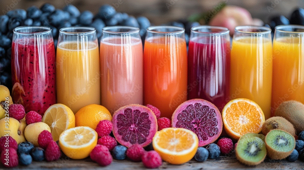 Vibrant Variety of Fresh-Pressed Fruit Juices for Healthy Lifestyle Vibrant Variety of Fresh-Pressed Fruit Juices for Healthy Lifestyle