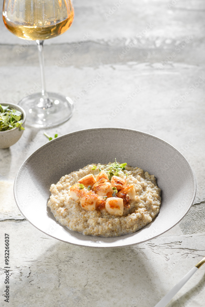 grilled scallops with quinoa and microgreens