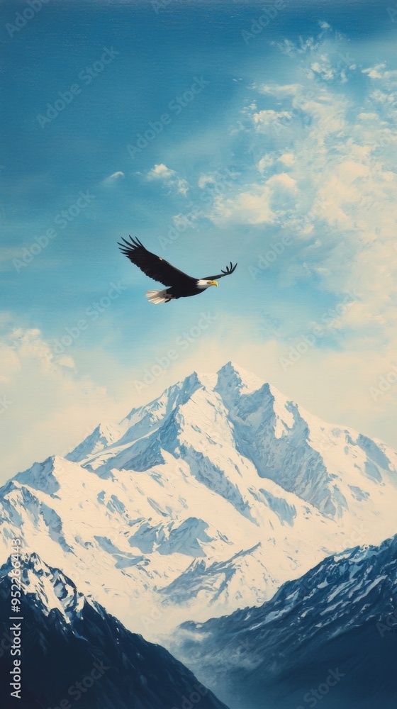 Majestic eagle soaring over snow-capped mountains under a clear blue sky, capturing the essence of freedom and nature's beauty. Majestic eagle soaring over snow-capped mountains under a clear blue sky, capturing the essence of freedom and nature's beauty.