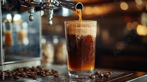 Pouring Frothy Nitro Cold Brew Coffee in Glass.