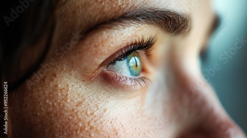 Close up image of beautiful woman's face, blurred background photo