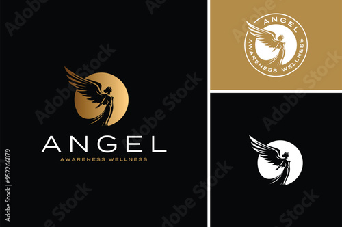 A beauty goddess or Fairy with wings standing in front of golden moon. Silhouette of Ancient Roman Greek Woman Angel sculpture statue elegant logo design 