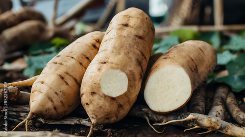 Fresh harvest of yam Dioscorea alata in a kitchen garden ready for the market photo