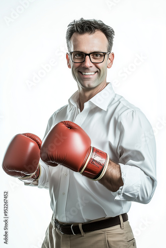 O empreendedor, homem de negócios  poronto para enfrentar seus  problemas. Usando roupa social e luvas de boxer. photo