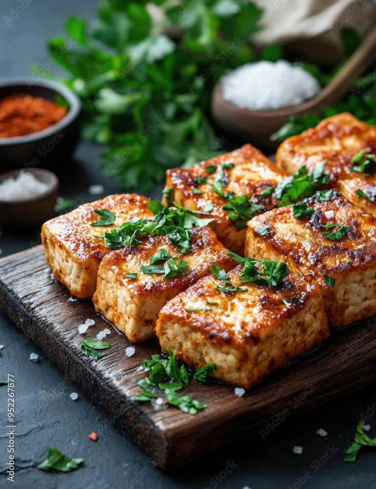 Fried tofu with spices on wooden board close up, delicious healthy vegan Asian meal Fried tofu with spices on wooden board close up, delicious healthy vegan Asian meal