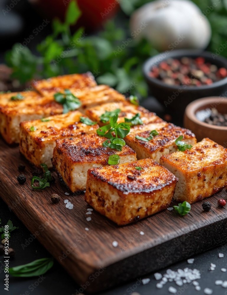 Fried tofu with spices on wooden board close up, delicious healthy vegan Asian meal Fried tofu with spices on wooden board close up, delicious healthy vegan Asian meal