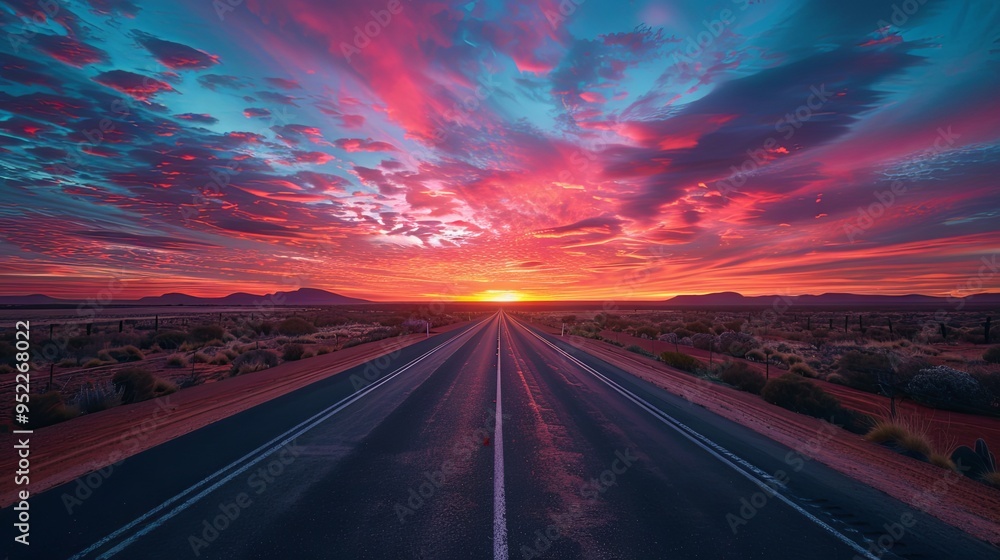 A multi-lane highway situated in the Australian outback, framed by colorful clouds and a vivid dusk sky A multi-lane highway situated in the Australian outback, framed by colorful clouds and a vivid dusk sky