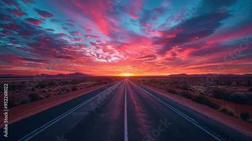 A multi-lane highway situated in the Australian outback, framed by colorful clouds and a vivid dusk sky