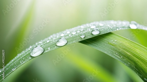 Green grass blades with dew drops close up