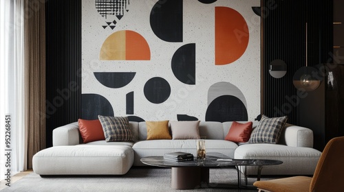 Modern, geometric wallpaper with bold, abstract patterns, perfect for making a statement in a contemporary living room.