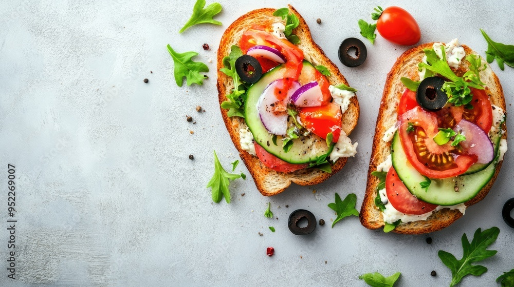 Open-faced sandwich with colorful toppings, top view, with empty space around for copy or branding. Open-faced sandwich with colorful toppings, top view, with empty space around for copy or branding.