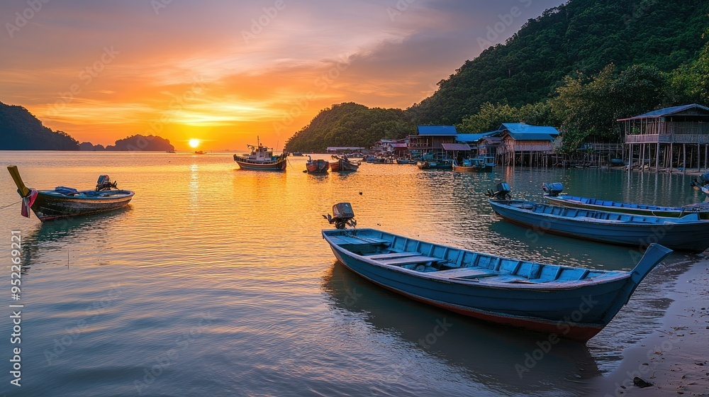 Peaceful sunset over a small fishing village in Thailand with boats anchored. No people, copy space. Peaceful sunset over a small fishing village in Thailand with boats anchored. No people, copy space.