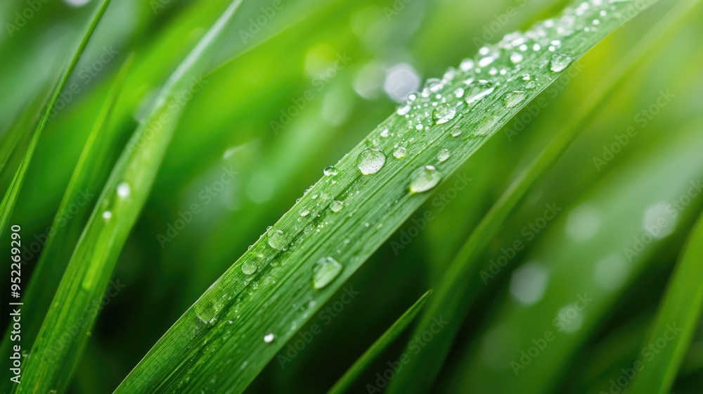 Green grass blades with dew drops close up Green grass blades with dew drops close up