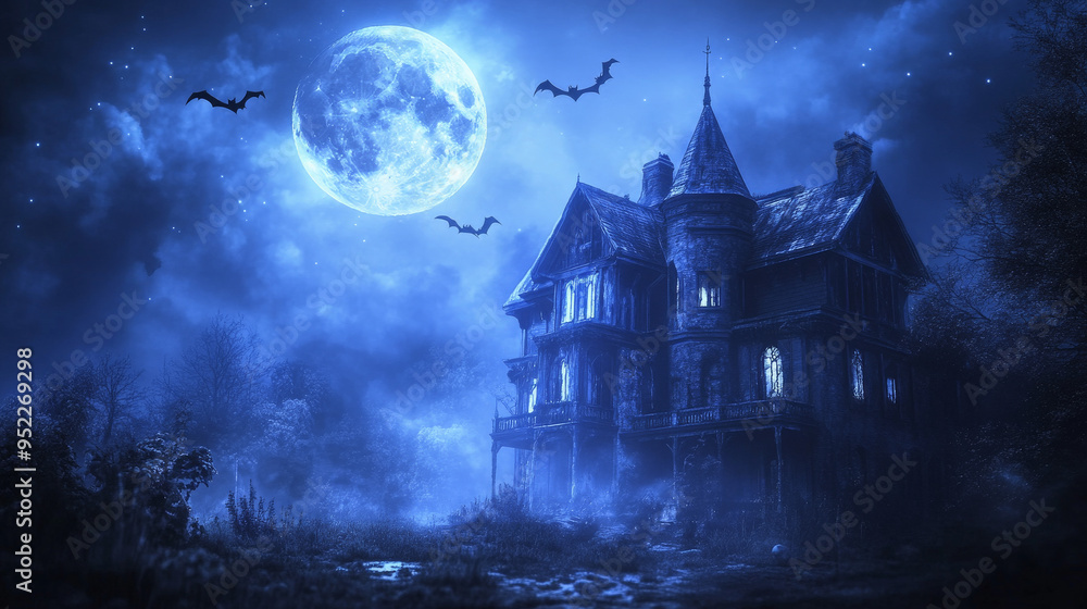 Spooky haunted house with bats and full moon on Halloween night
Spooky haunted house with bats and full moon on Halloween night