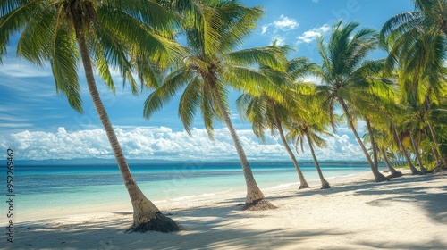 Picturesque view of a coconut grove on a sunny beach in the Philippines. No people, copy space.