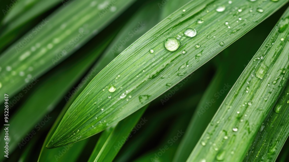Green grass blades with dew drops close up Green grass blades with dew drops close up