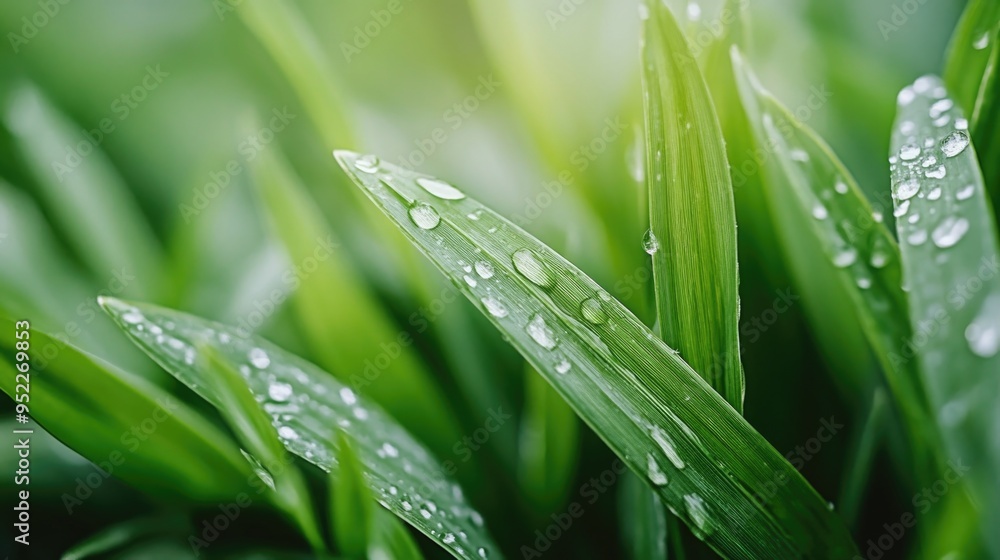 Green grass blades with dew drops close up Green grass blades with dew drops close up