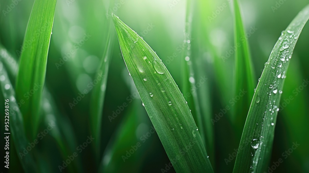 Green grass blades with dew drops close up Green grass blades with dew drops close up