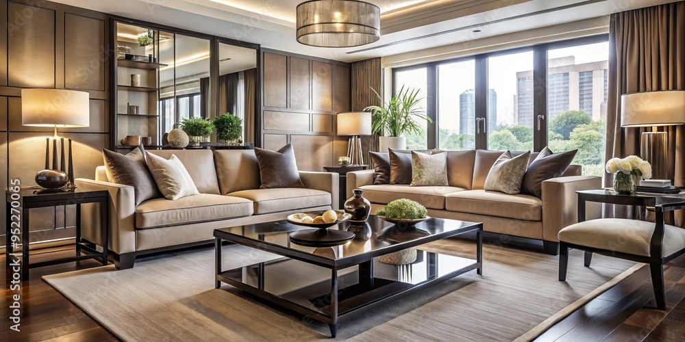 * Sleek ebony wood coffee table pairs with cream-colored sofa and chairs, metallic accents adding warmth; natural light filters through floor-to-ceiling windows.