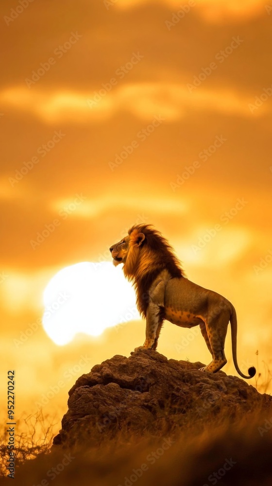 Majestic lion standing on a rock under a stunning sunset, symbolizing strength and courage in the wild. Majestic lion standing on a rock under a stunning sunset, symbolizing strength and courage in the wild.