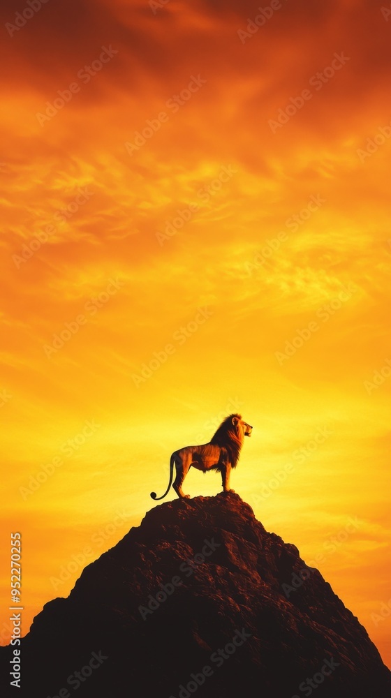 Majestic lion standing atop a mountain against a vibrant sunset background, symbolizing strength and courage in nature. Majestic lion standing atop a mountain against a vibrant sunset background, symbolizing strength and courage in nature.