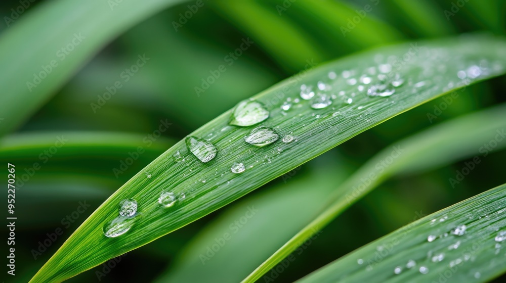 Green grass blades with dew drops close up Green grass blades with dew drops close up