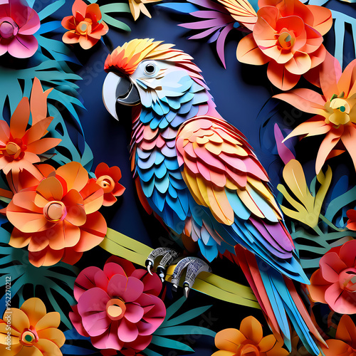 Colorful Kirigami Parrot in a Vibrant Floral Setting: A Paper Craft Masterpiece Behold the mesmerizing beauty of a multicolor kirigami-style parrot delicately crafted amidst a backdrop of blooming photo