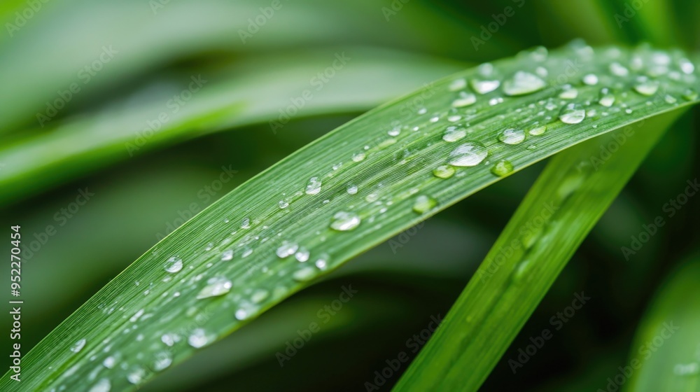 Green grass blades with dew drops close up Green grass blades with dew drops close up
