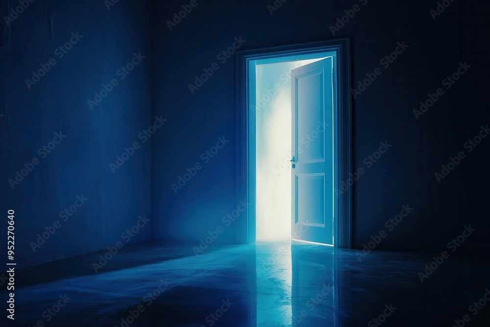 Mystical blue doorway with light illuminating dark interior space Mystical blue doorway with light illuminating dark interior space