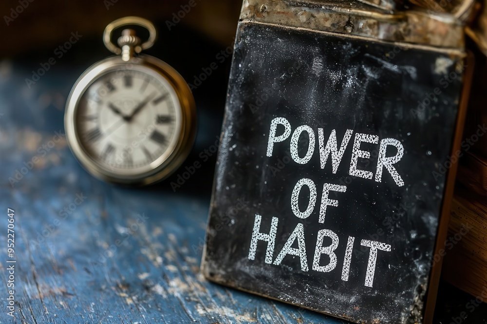 Fototapeta premium Vintage Pocket Watch with Chalkboard Sign on Rustic Blue Surface