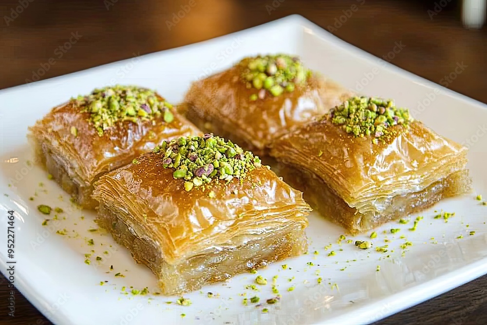 Four pieces of baklava topped with pistachio paste, arranged on a white plate Four pieces of baklava topped with pistachio paste, arranged on a white plate