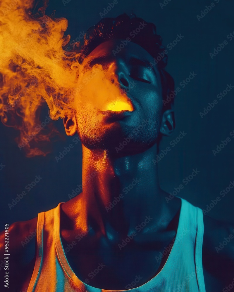 Moody Portrait of Man Exhaling Vivid Orange Smoke in Blue Light Moody Portrait of Man Exhaling Vivid Orange Smoke in Blue Light