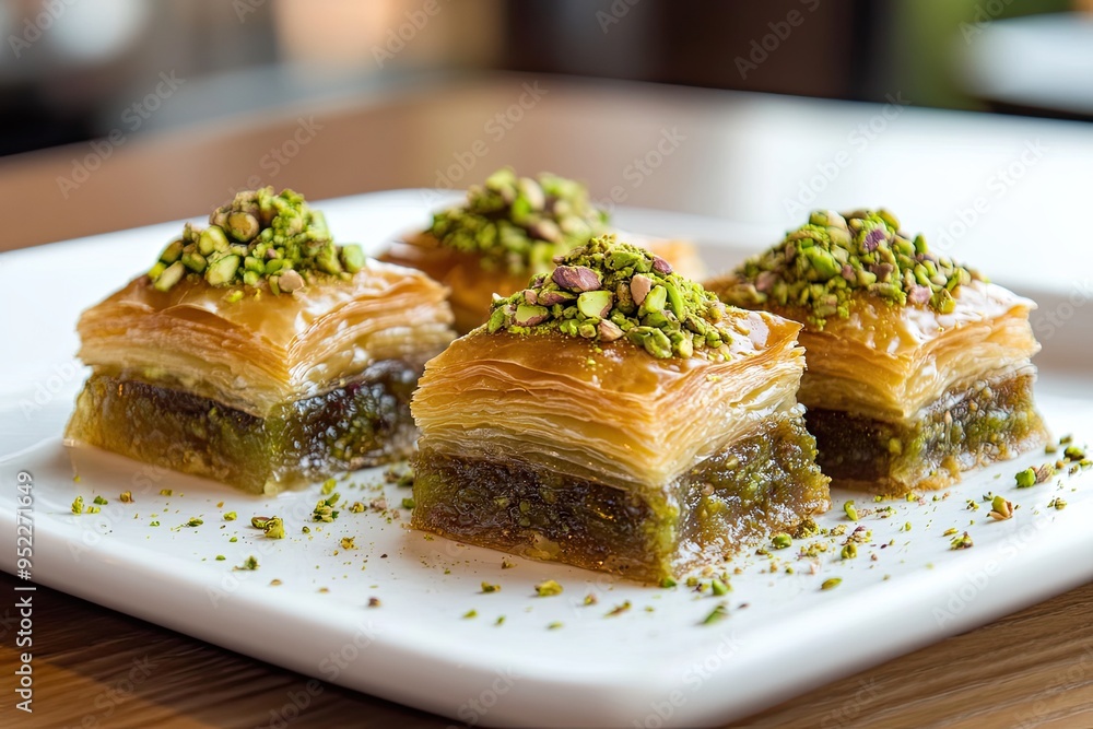 Four pieces of baklava topped with pistachio paste, arranged on a white plate Four pieces of baklava topped with pistachio paste, arranged on a white plate