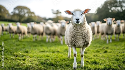 a herd of sheep walks freely on a farm on a sunny day eco farm concept : Generative AI photo