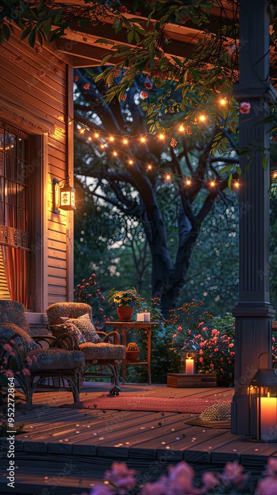 Obraz premium A summer evening on the patio of a quaint suburban home