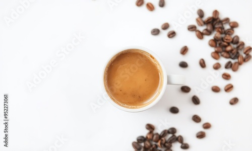 hot espresso and coffee bean on white table with soft-focus and over light in the background. top view