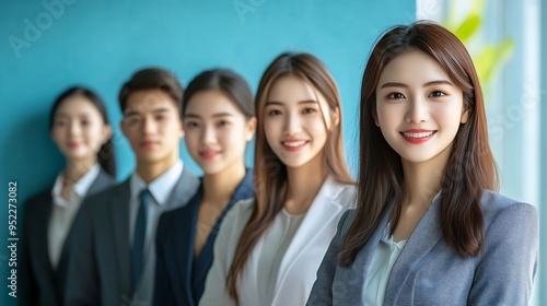 Team work Young women businesswomen men finance analyst or clerk in business clothes isolated on abstract art background Concept of finance economy professional occupation ad : Generative AI