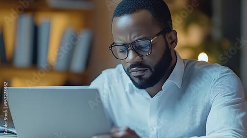 African American businessman working on paperwork searching for information with laptop at home office : Generative AI photo