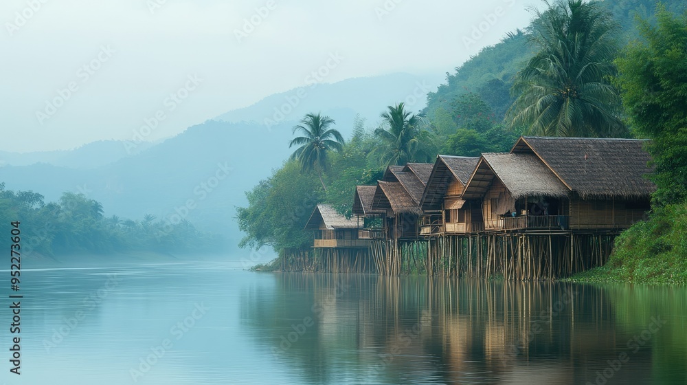 Naklejka premium Traditional bamboo stilt houses on a serene river in Laos. No people, copy space.