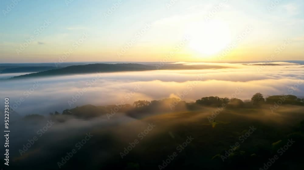 Sunrise Over a Misty Landscape with Clouds and Fog Rolling Sunrise Over a Misty Landscape with Clouds and Fog Rolling