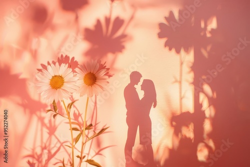 Romantic Silhouettes with Flowers in Soft Pink Light