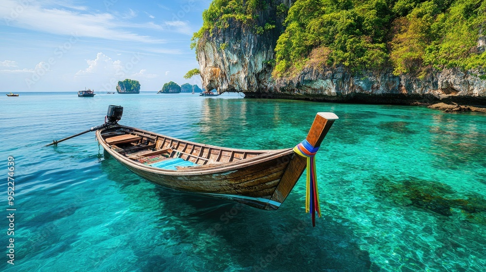 Obraz premium Traditional Thai long-tail boat floating on crystal-clear waters near limestone cliffs. No people, copy space.