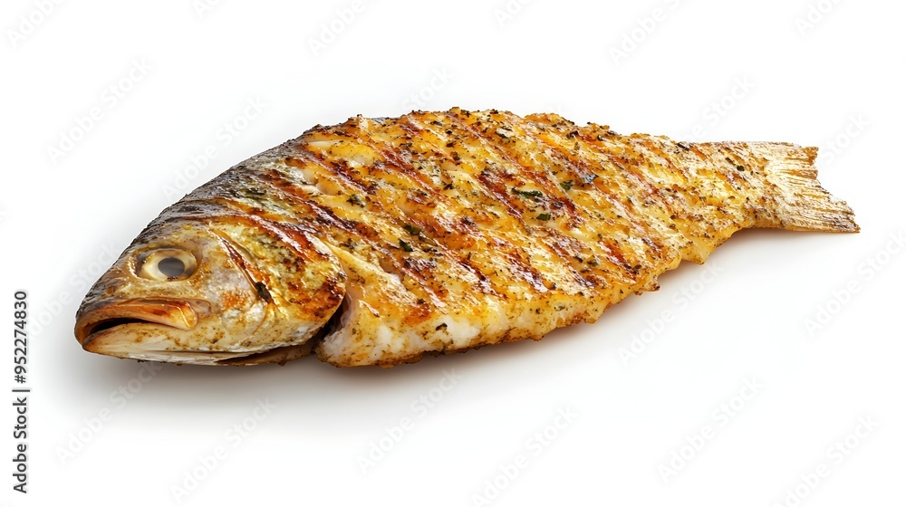 Closeup of Grilled Fish Fillet on Pristine White Background with Minimalist Style Closeup of Grilled Fish Fillet on Pristine White Background with Minimalist Style