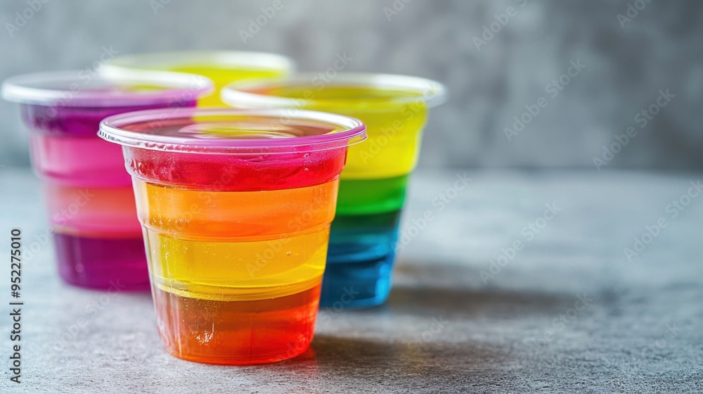 Vibrant Layered Jello Shots Displayed in Fun Plastic Cups Vibrant Layered Jello Shots Displayed in Fun Plastic Cups