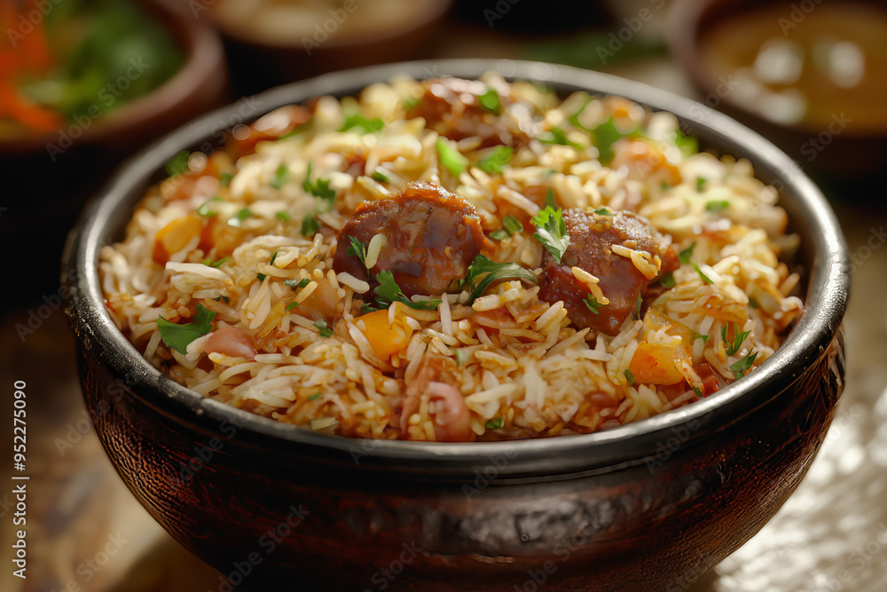Vibrant Biryani with Yellow Rice and Meat Pieces in Wooden Bowl on Earth-Toned Background Vibrant Biryani with Yellow Rice and Meat Pieces in Wooden Bowl on Earth-Toned Background